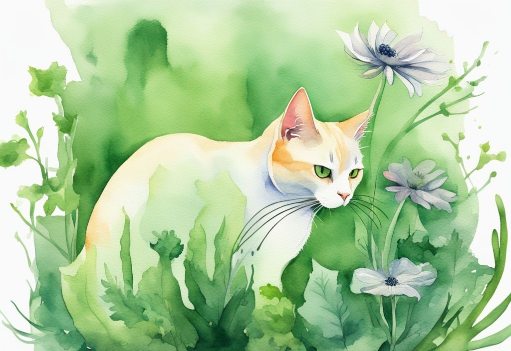 Moderne Aquarellillustration einer neugierigen Katze, die an einer verlockenden Anemonenpflanze mit einem Warnschild für gefährliche Pflanzen schnuppert, Hauptfarbe grün.