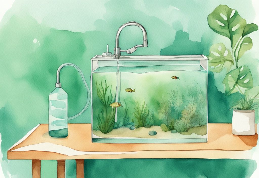 Moderne Aquarellillustration eines Aquariums mit sauberem und schmutzigem Wasser, eine Hand hält ein Siphonrohr.