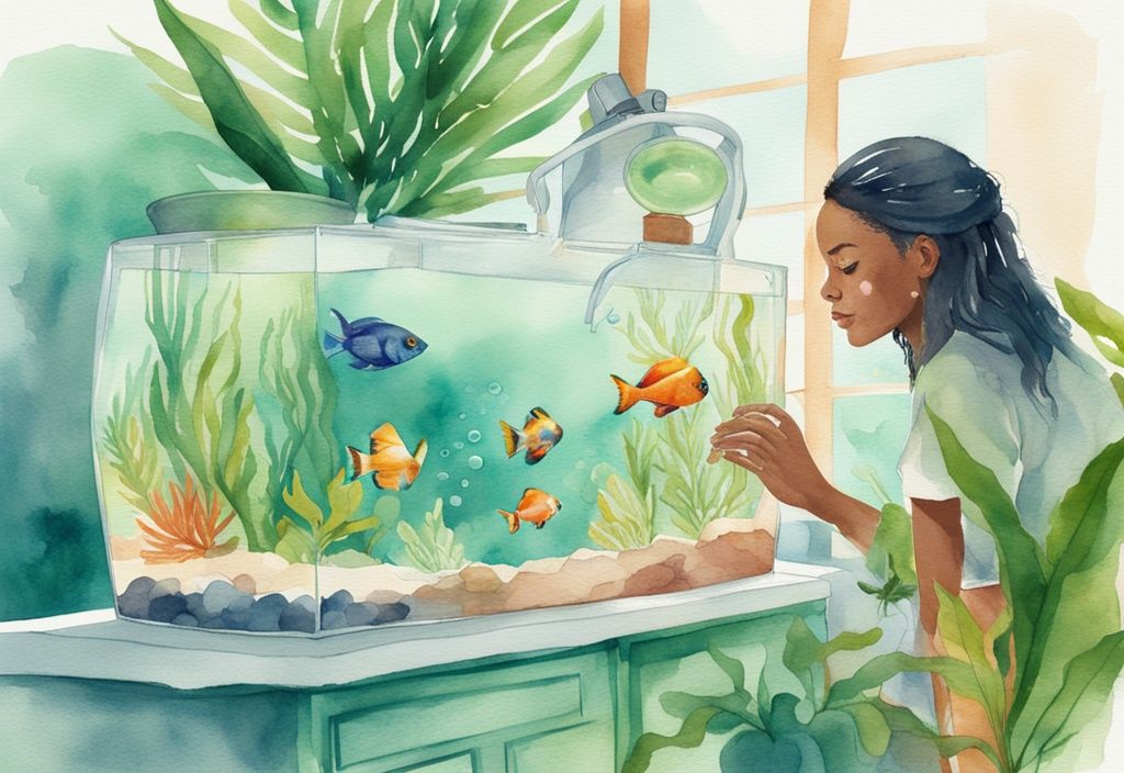 Moderne Aquarellillustration einer Person, die eine Klärlösung in ein Heimaquarium mit bunten tropischen Fischen und lebendigen Unterwasserpflanzen gießt, was zu klarem Wasser führt.