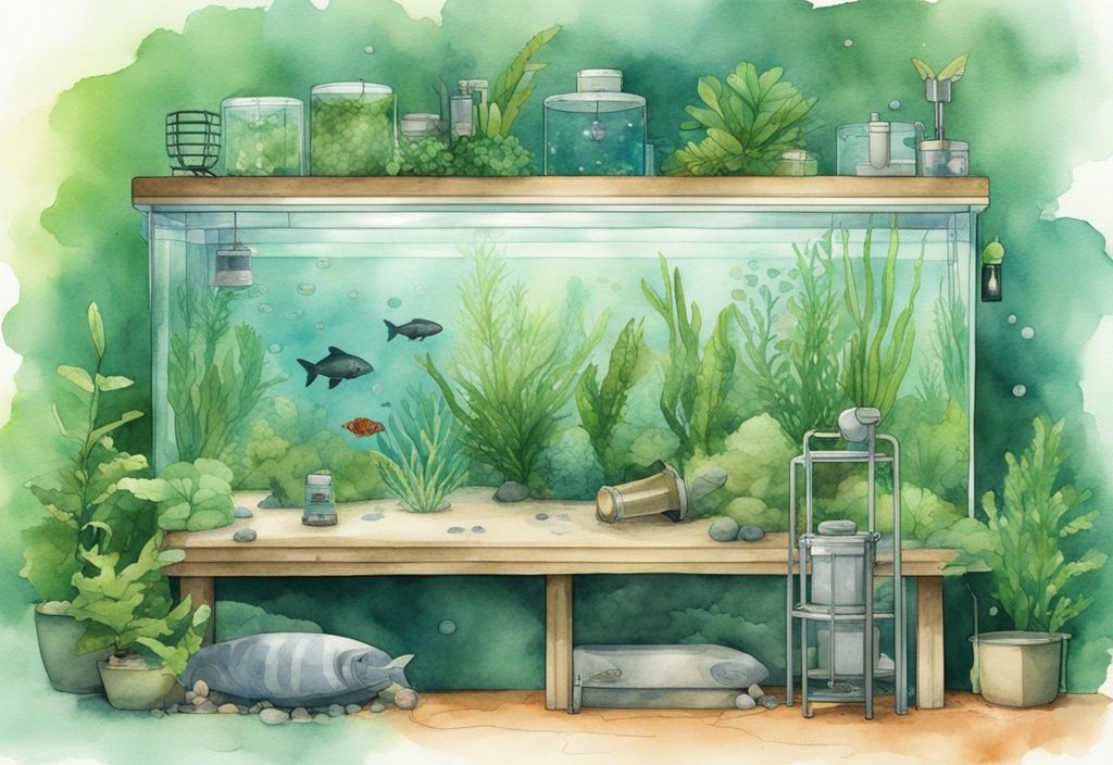 Moderne Aquarellillustration eines gut gepflegten Aquariums mit grünem Farbschema, das ein Aquarium, Filter, Heizer, LED-Lichter, lebende Pflanzen, Fischernetz und verschiedene Fischarten zeigt.