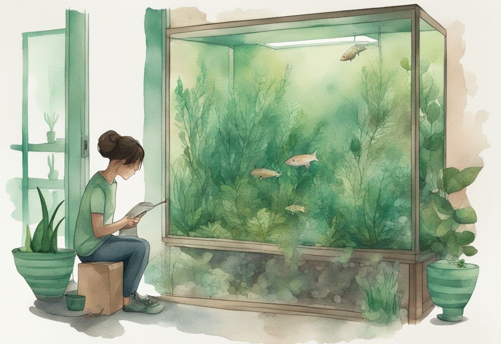 Moderne Aquarell-Illustration eines Aquariums mit zerfallenden Pflanzen, Person inspiziert sorgsam das Laub, Fischernetz und Pflanzenpflege-Handbuch in der Nähe.