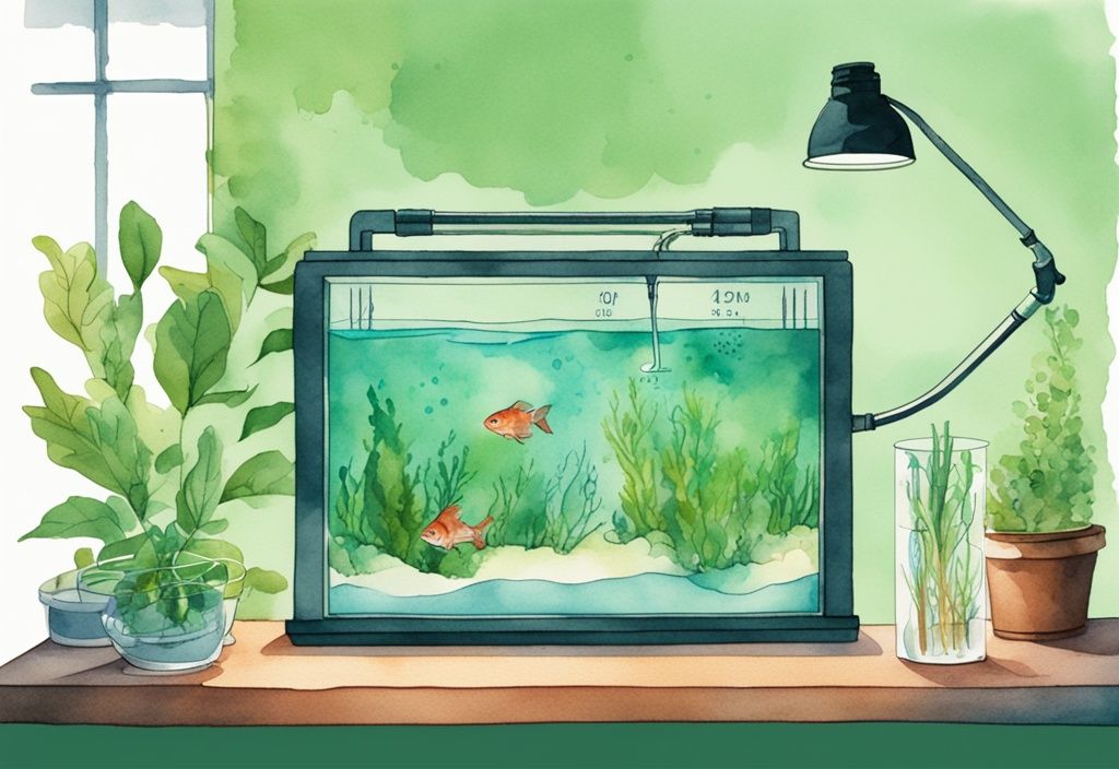 Moderne Aquarellillustration mit grünem Farbschema: Teilweises Entleeren eines Aquariums mit einem Siphonschlauch, im Hintergrund ein Kalender mit verschiedenen Wasserwechselintervallen - wie oft Wasserwechsel im Aquarium.