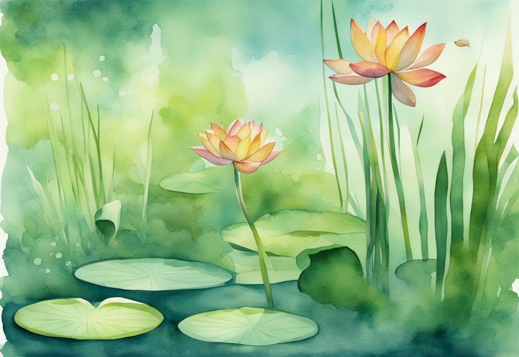 Moderne Aquarellillustration einer friedlichen Unterwasserlandschaft mit grüner Farbgebung, blühenden Wasserpflanzen wie Seerosen, Schilf und Lotus, sanftes Sonnenlicht durchdringt die Wasseroberfläche.