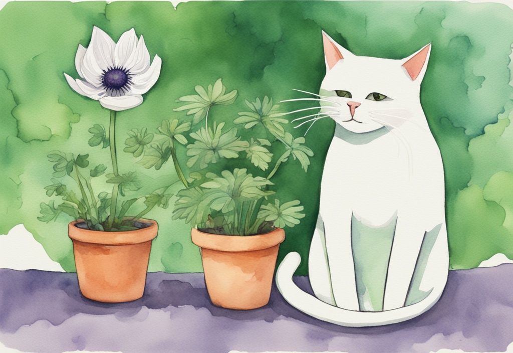 Moderne Aquarellillustration einer neugierigen Katze, die an einer verlockenden Anemonenpflanze mit einem Warnschild schnuppert, das eine Katze und ein gefährliches Pflanzensymbol zeigt, Hauptfarbthema grün