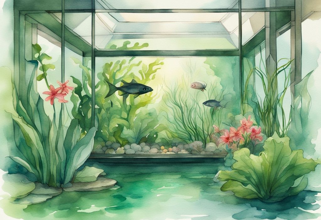 Moderne Aquarell-Illustration mit grüner Farbgebung, die Pflanzen zeigt, die aus dem Aquarium wachsen, mit üppigen Blättern und lebhaften Blüten.