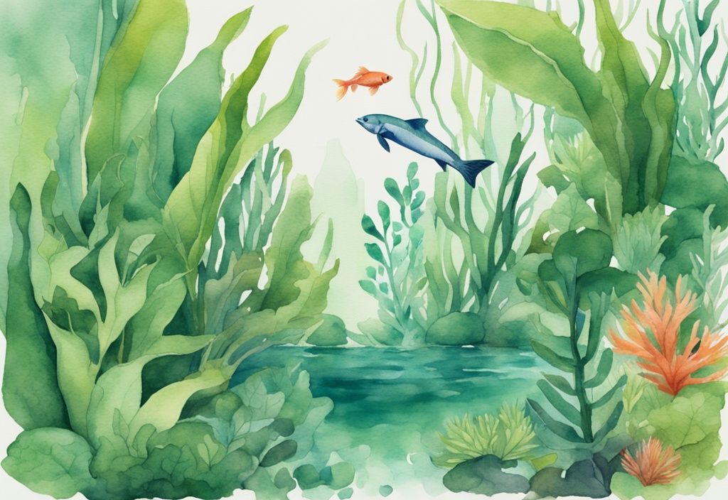 Moderne Aquarellillustration eines üppigen Aquariums mit grünen Pflanzen, die aus dem Wasser ragen und lebendige aquatische Lebewesen umgeben.