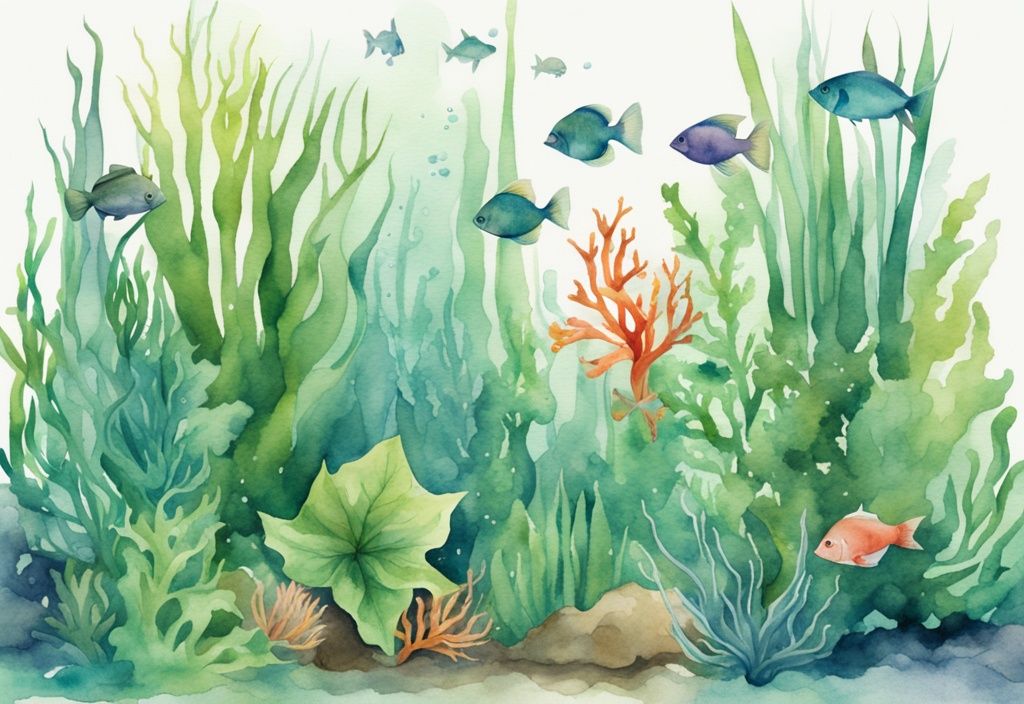 Moderne Aquarellillustration eines lebendigen Unterwasserszenarios mit beliebten Aquarienpflanzen in verschiedenen Formen und Farben, bevölkert von kleinem aquatischem Leben.