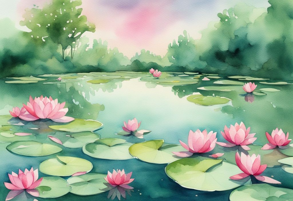 Moderne Aquarellillustration eines üppigen Teichs, in dem Seerose wuchert Teich zu; strahlend pinke Blüten spiegeln sich im ruhigen Wasser.