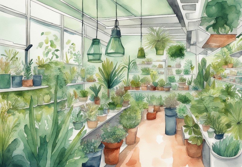 Moderne Aquarellillustration eines lebhaften Pflanzenladens mit grünen, gesunden Aquarienpflanzen.