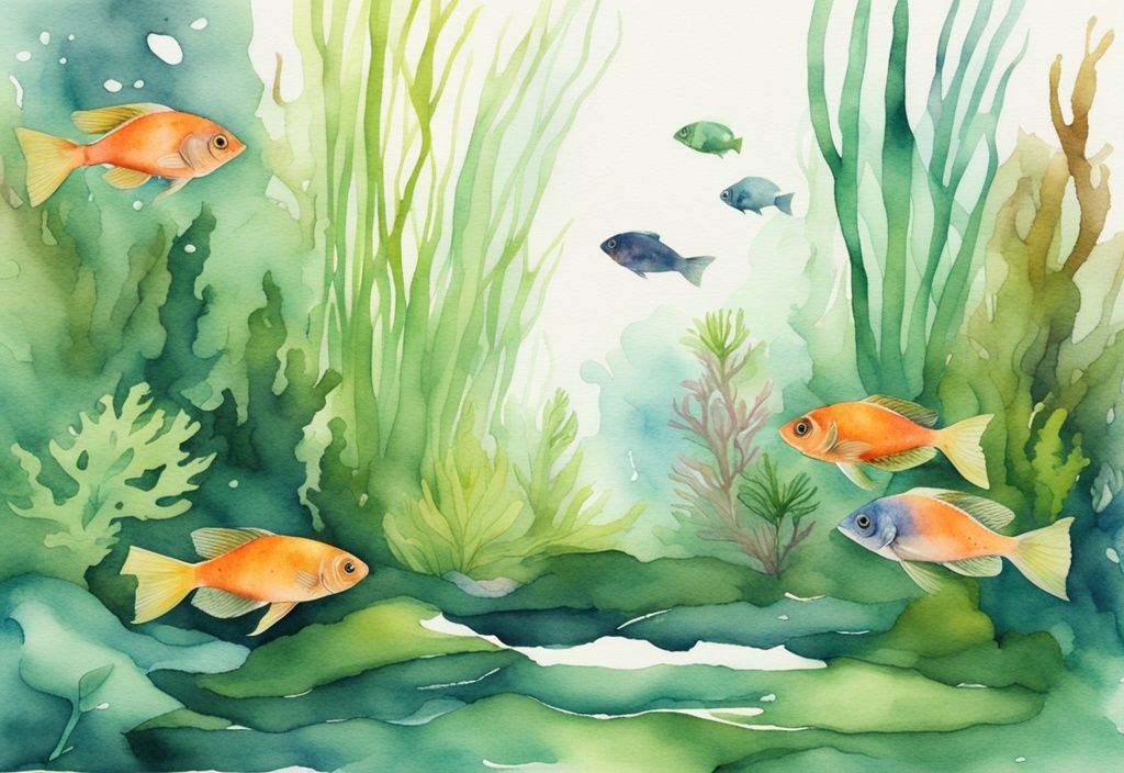 Moderne Aquarell-Illustration eines grünen Aquascapes mit Java-Moos und tropischen Fischen.