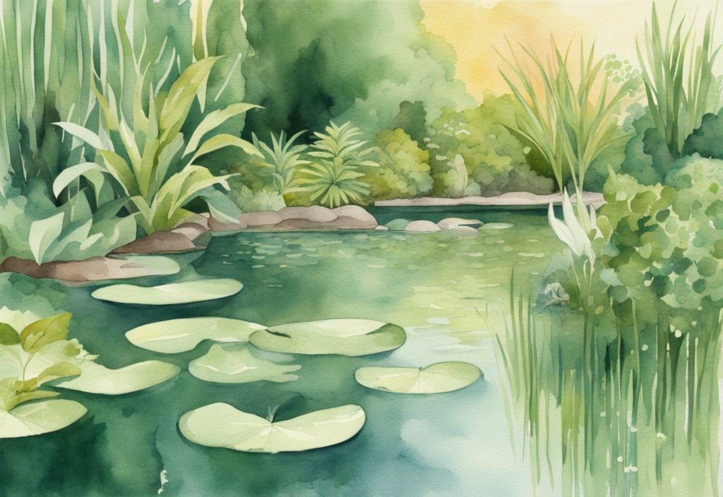 Moderne Aquarellillustration eines ruhigen Teichs mit blühenden Wasserpflanzen und üppiger Vegetation im warmen Sonnenlicht, Hauptfarbe grün.