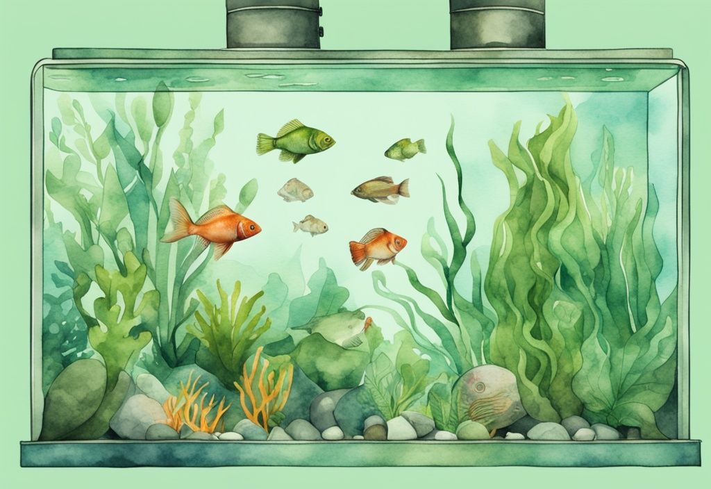 Moderne Aquarellillustration mit grüner Farbthematik, die wesentliche Aquarienzubehörteile wie Aquarium, Heizung, Filter, Kies, Pflanzen und bunte Fische zeigt – was braucht man für ein Aquarium.