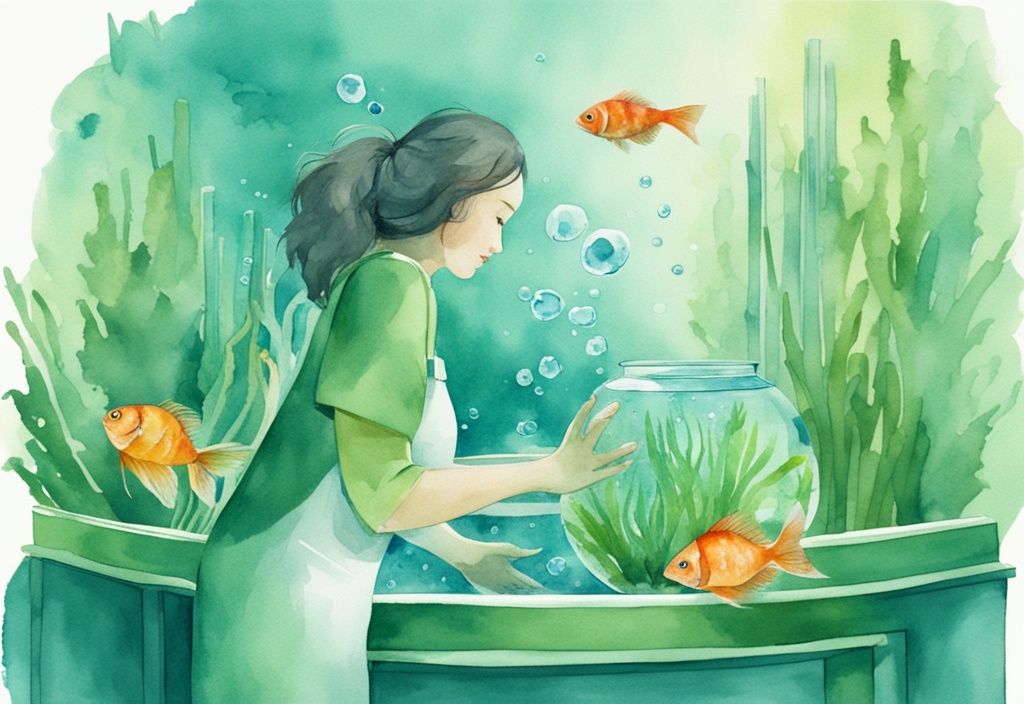 Moderne Aquarellillustration einer Person, die ein Aquarium reinigt, mit kristallklarem Wasser und glücklich schwimmenden Fischen, wie bekomme ich kristallklares Wasser im Aquarium