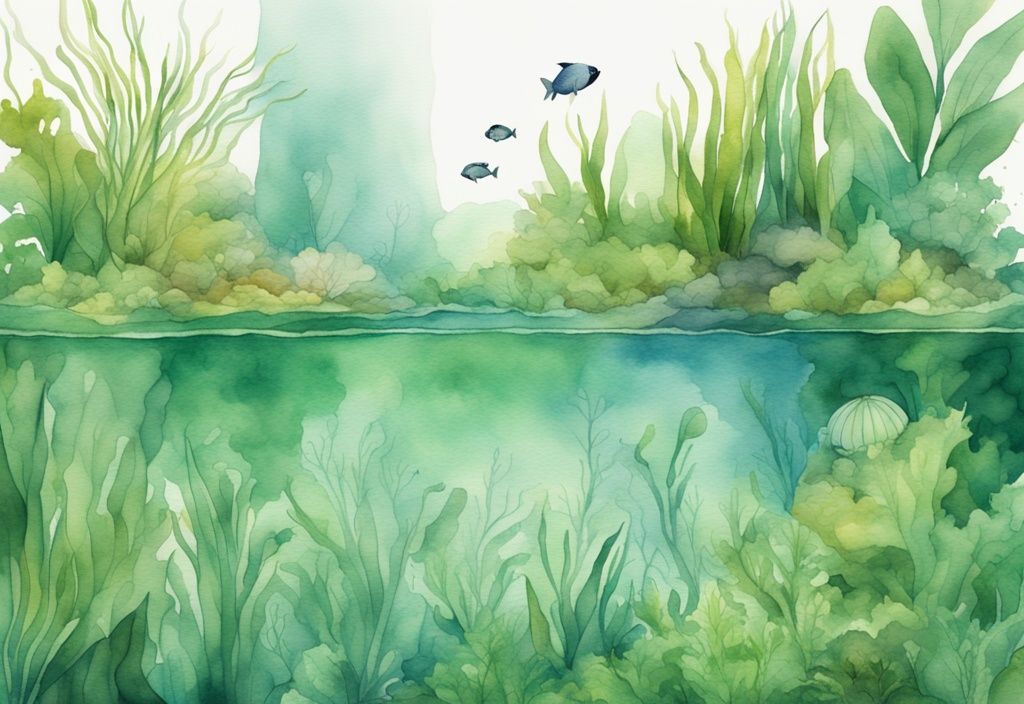 Moderne Aquarellillustration eines grünen Unterwasserlandschafts mit lebendigem Aquarium und Wasserpflanzen