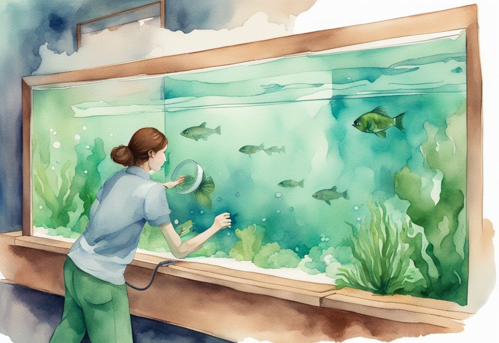 Moderne Aquarellillustration eines Menschen, der ein Aquarium reinigt, um kristallklares Wasser zu bekommen, mit glücklichen Fischen schwimmend - wie bekomme ich kristallklares Wasser im Aquarium.