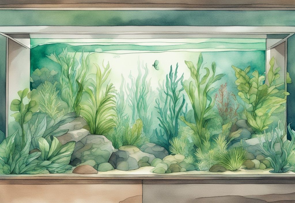 Moderne Aquarell-Illustration eines ruhigen Unterwasserszenarios mit grünen Aquarienpflanzen in einem dezent beleuchteten Aquarium.