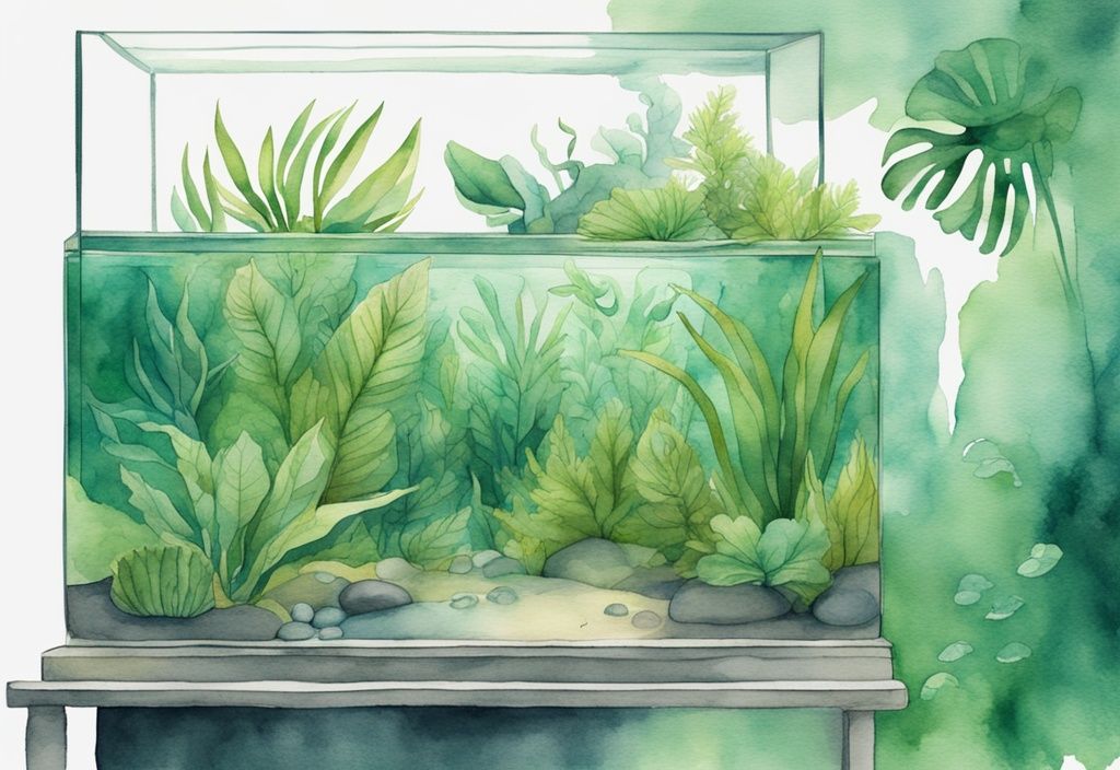 Moderne Aquarell-Illustration eines gut beleuchteten Aquariums mit grünen, lebhaften Aquarienpflanzen