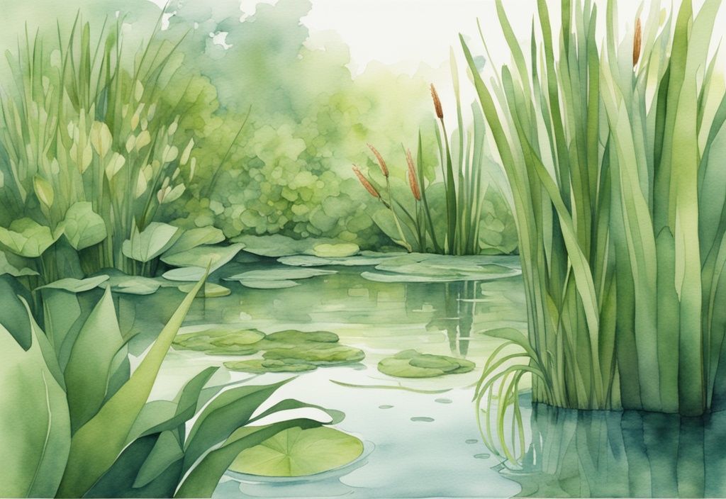 Moderne Aquarellillustration von grünen Teichpflanzen wie Wasserhyazinthen und Rohrkolben, die im Wasser gedeihen und zeigen, welche Teichpflanzen das Wasser reinigen.