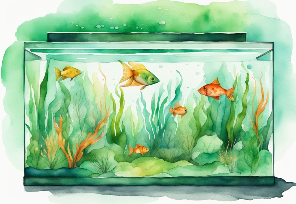 Moderne Aquarellillustration eines Aquariums mit grünem Rasen, bunten Fischen und lebendigen Wasserpflanzen.