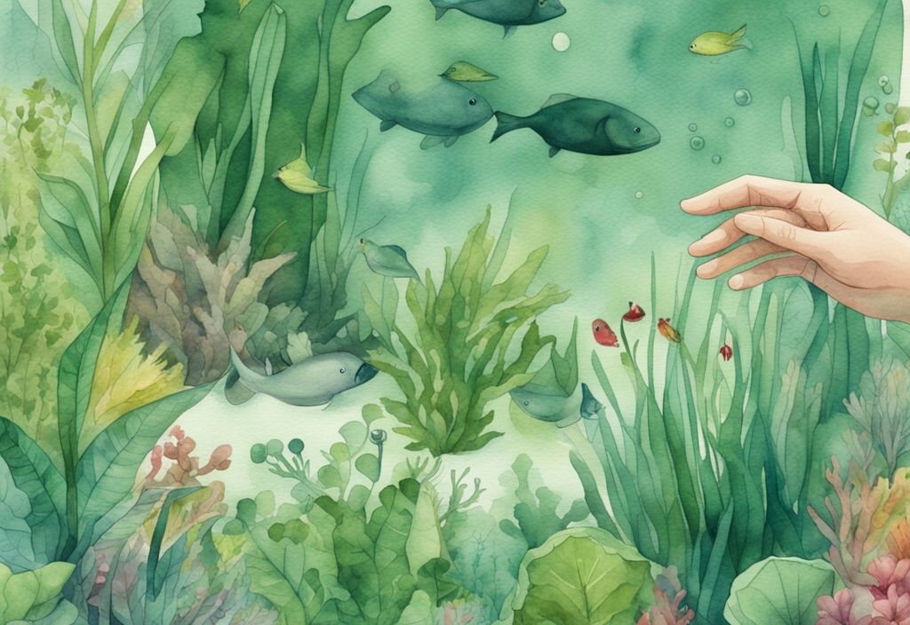 Moderne Aquarell-Illustration eines grünen Aquariums mit vielfältigen Wasserpflanzen und einer Hand, die die Pflanzen zählt.