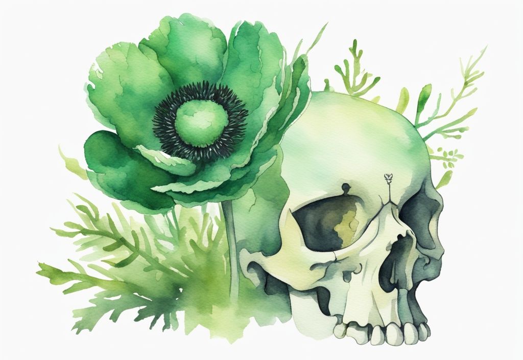 Moderne Aquarellillustration in Grün, neugierige Katze neben einer Anemone, Totenkopfsymbol zeigt Anemone giftig für Katzen an