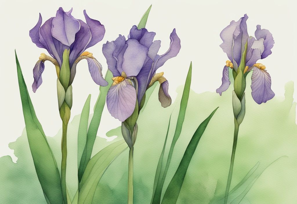 Moderne Aquarell-Illustration einer Schwertiris mit linearen Blättern und lebhaften violetten Blüten vor einem weich verschwommenen grün-erdigen Hintergrund