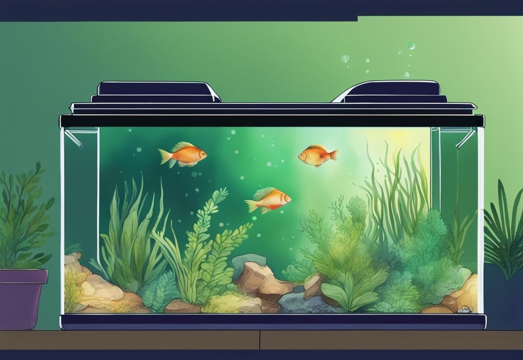 Moderne Aquarell-Illustration eines Aquariums mit grüner Farbgebung, eine Hälfte im Dunkeln und die andere hell erleuchtet, symbolisiert die Zeiten zum Ein- und Ausschalten der Aquariumbeleuchtung