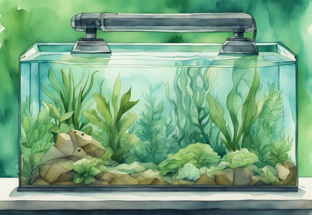 Moderne Aquarell-Illustration eines üppigen Unterwasserszenarios mit beliebten Aquarienpflanzen in gut beleuchtetem Tank, Hauptfarbe grün