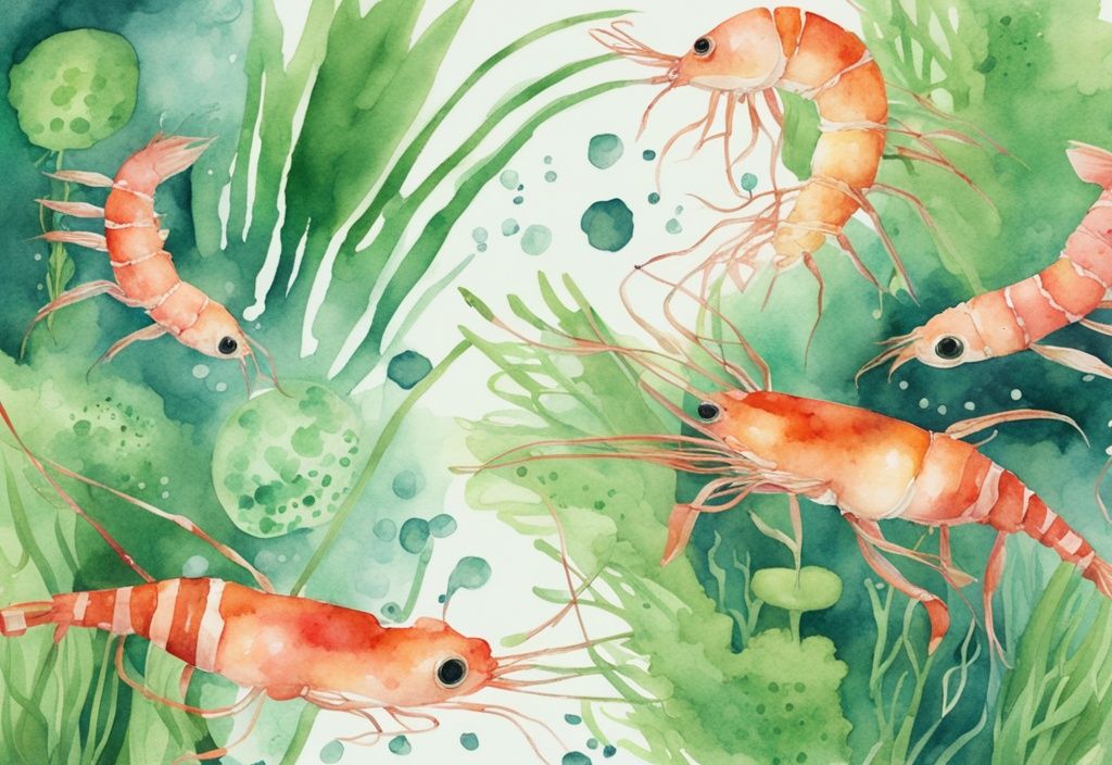 Moderne Aquarellillustration eines lebendigen Aquariums mit grüner Farbgebung, Garnelen beim Nibbeln an Algen und Futter auf Wasserpflanzen