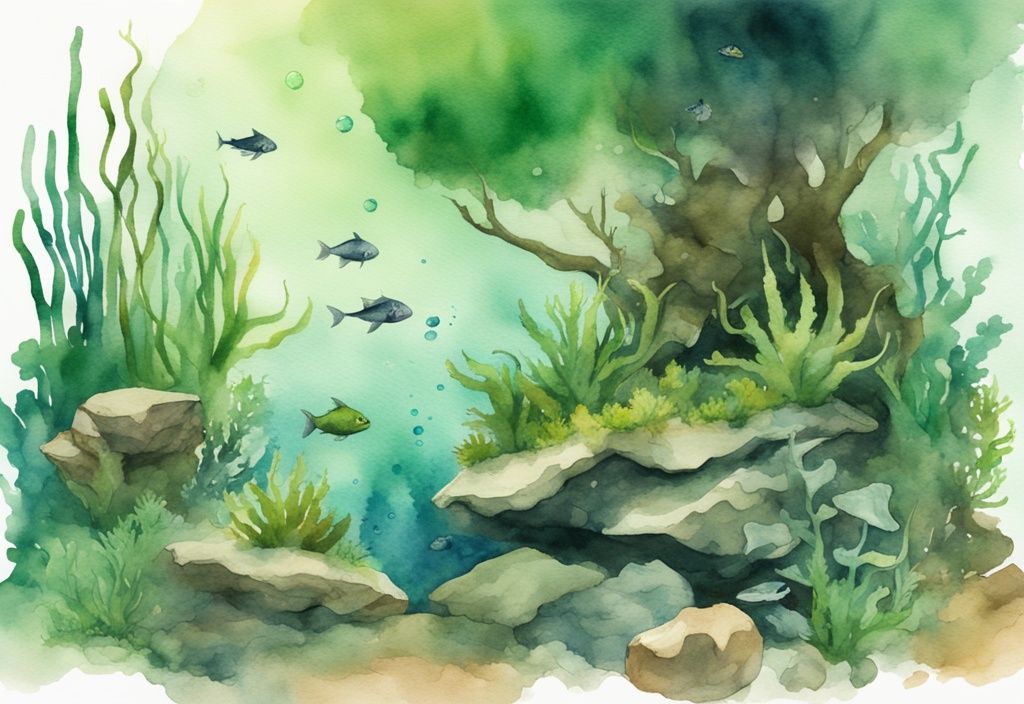 Moderne Aquarellillustration einer üppigen Unterwasserszene mit Javamoos auf Steinen, Treibholz und einem kleinen versunkenen Schiff.