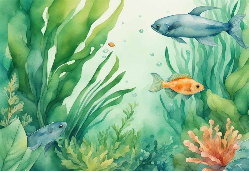 Moderne Aquarell-Illustration eines üppigen Aquariums mit grünen Pflanzen und lebendigem Wasserleben, Pflanzen ragen aus der Wasseroberfläche empor.