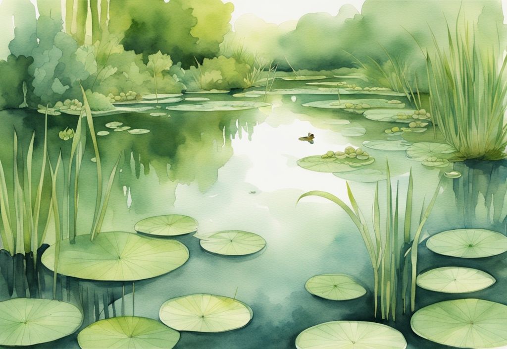 Moderne Aquarellillustration von Teichpflanzen wie Seerosen, Rohrkolben und Entengrütze in klarem Wasser, Hauptfarbthema grün