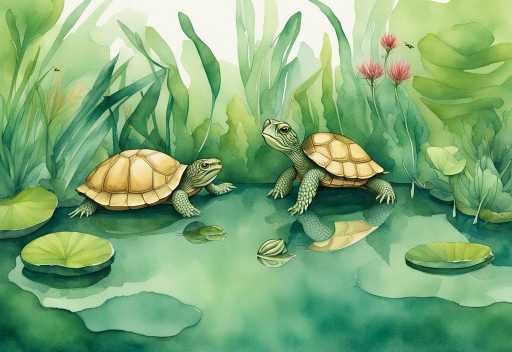 Moderne Aquarellillustration eines Teiches mit grüner Farbgebung, in dem Wasserschildkröten ihre natürliche Nahrung wie Wasserpflanzen, kleine Fische und Insekten fressen. Keyword: was fressen Wasserschildkröten im Teich.