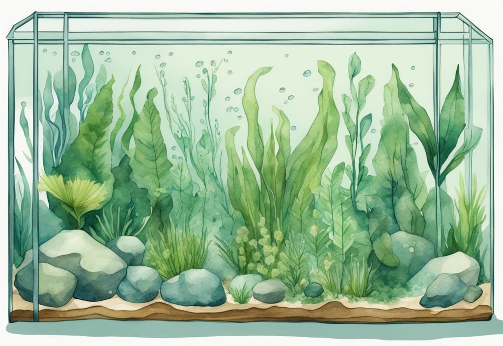 Moderne Aquarellillustration eines kristallklaren Aquariums mit verschiedenen Wasserpflanzenarten und Hinweisen zur Zählung der Gesamtanzahl; wie viele Pflanzen im Aquarium.