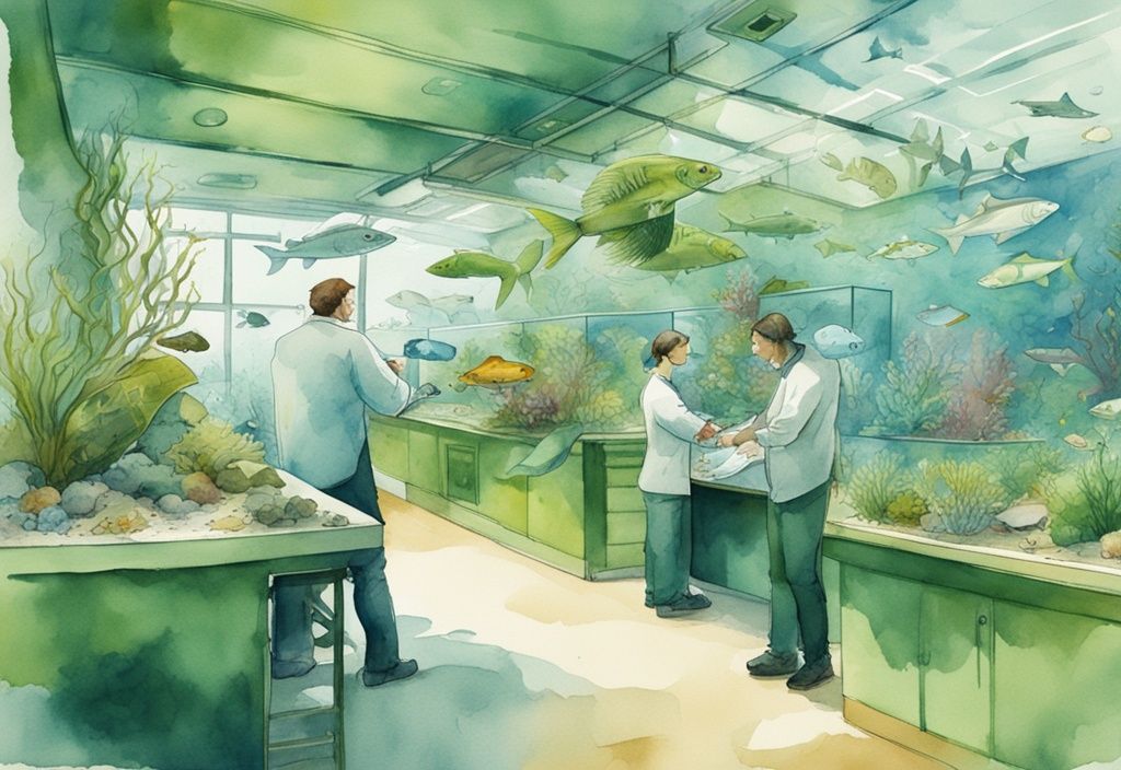 Moderne Aquarellillustration von Aquarienprofis, die ein beeindruckendes Meereslebensraum pflegen und verschiedene Fischarten betreuen, Hauptfarbthema grün.