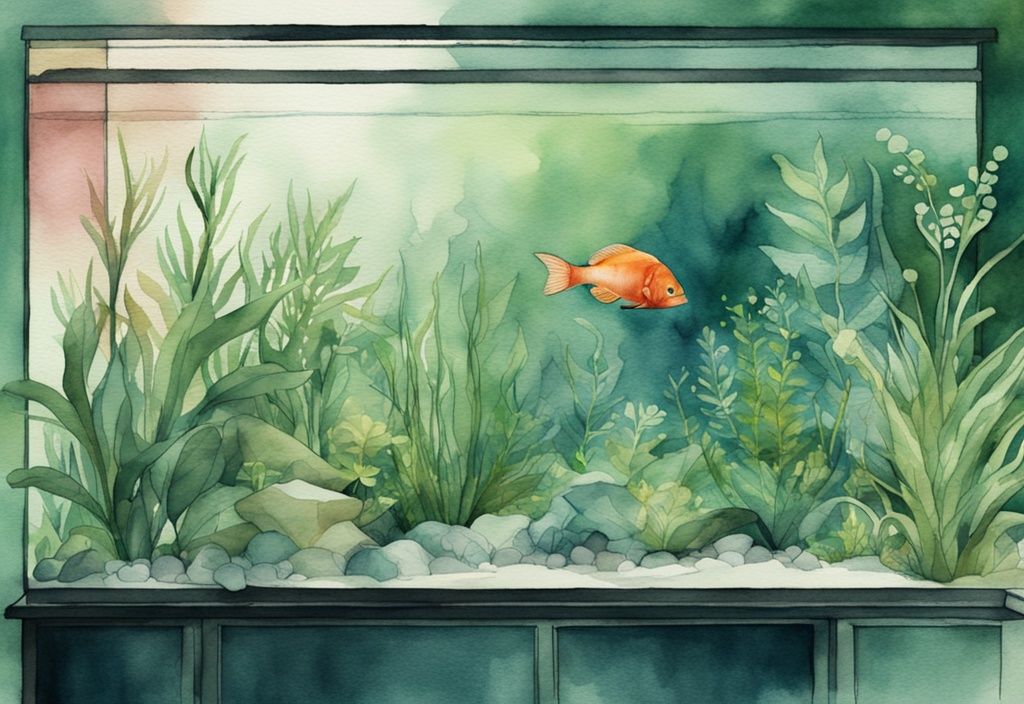 Moderne Aquarellillustration eines Aquariums mit grünen Aquarienpflanzen wenig Licht, die eine beruhigende Unterwassergarten-Atmosphäre schaffen.