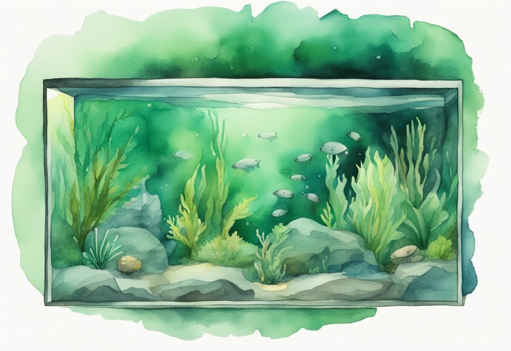 Moderne Aquarellillustration eines Aquariums mit grünem Farbschema und einem sichtbaren Schalter zum Ein- und Ausschalten der Beleuchtung, Aquarium wann Licht an und ausschalten.