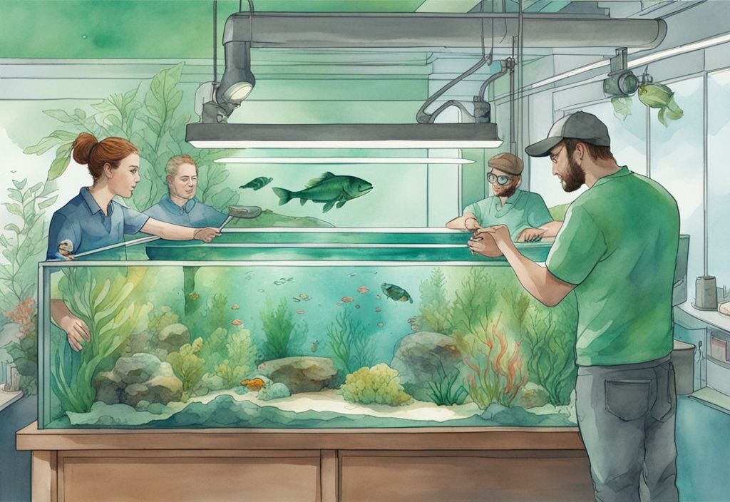 Moderne Aquarell-Illustration: Aquarium-Profis beim Füttern der Fische, Einstellen der Unterwasserbeleuchtung und Testen der Wasserqualität in einem lebendigen Aquarium. was machen die Aquarium-Profis heute?