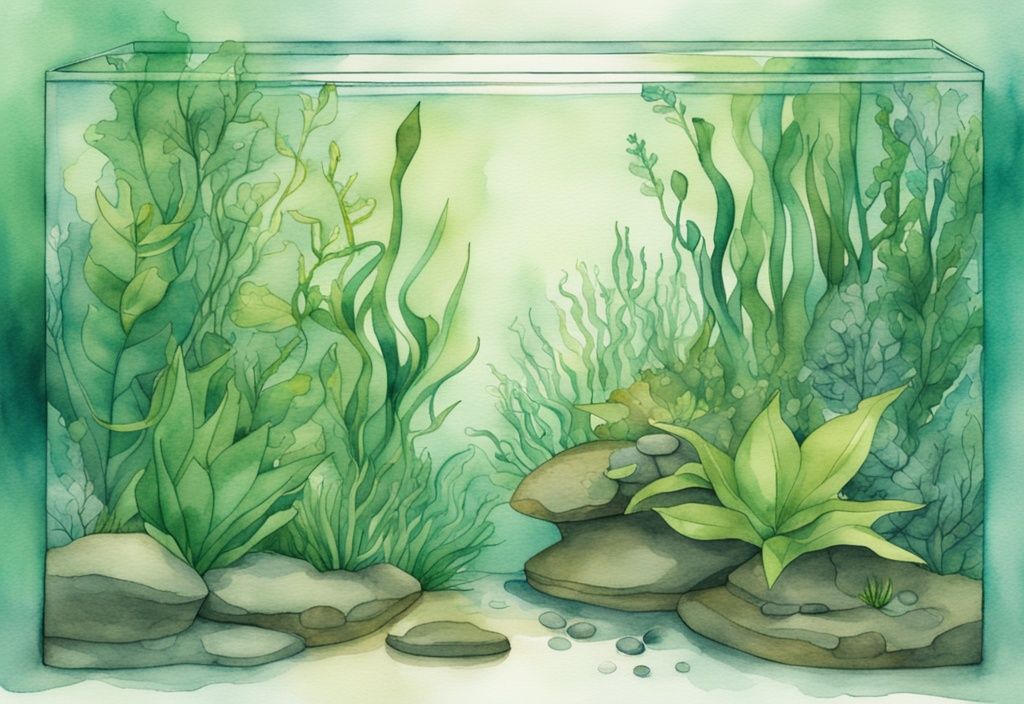 Moderne Aquarell-Illustration eines Aquariums mit grünen Farbtönen, das ein Ökosystem aus lebendigen Unterwasserpflanzen zeigt, die erfolgreich gezüchtet werden.