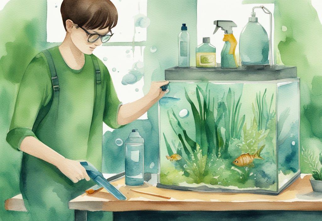 Moderne Aquarellillustration einer Person, die ein Aquarium mit speziellen Werkzeugen reinigt, während auf einem Beistelltisch verschiedene Anti-Algen-Produkte sichtbar sind, was tun gegen Algen im Aquarium.